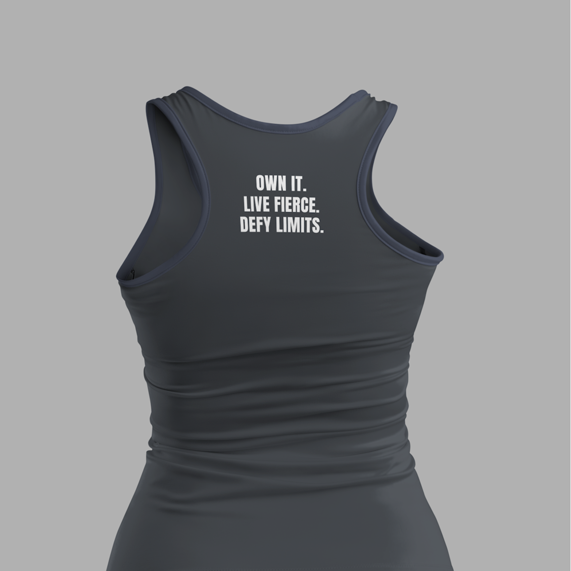 Gray tank top and black shorts with motivational text on a gray background
