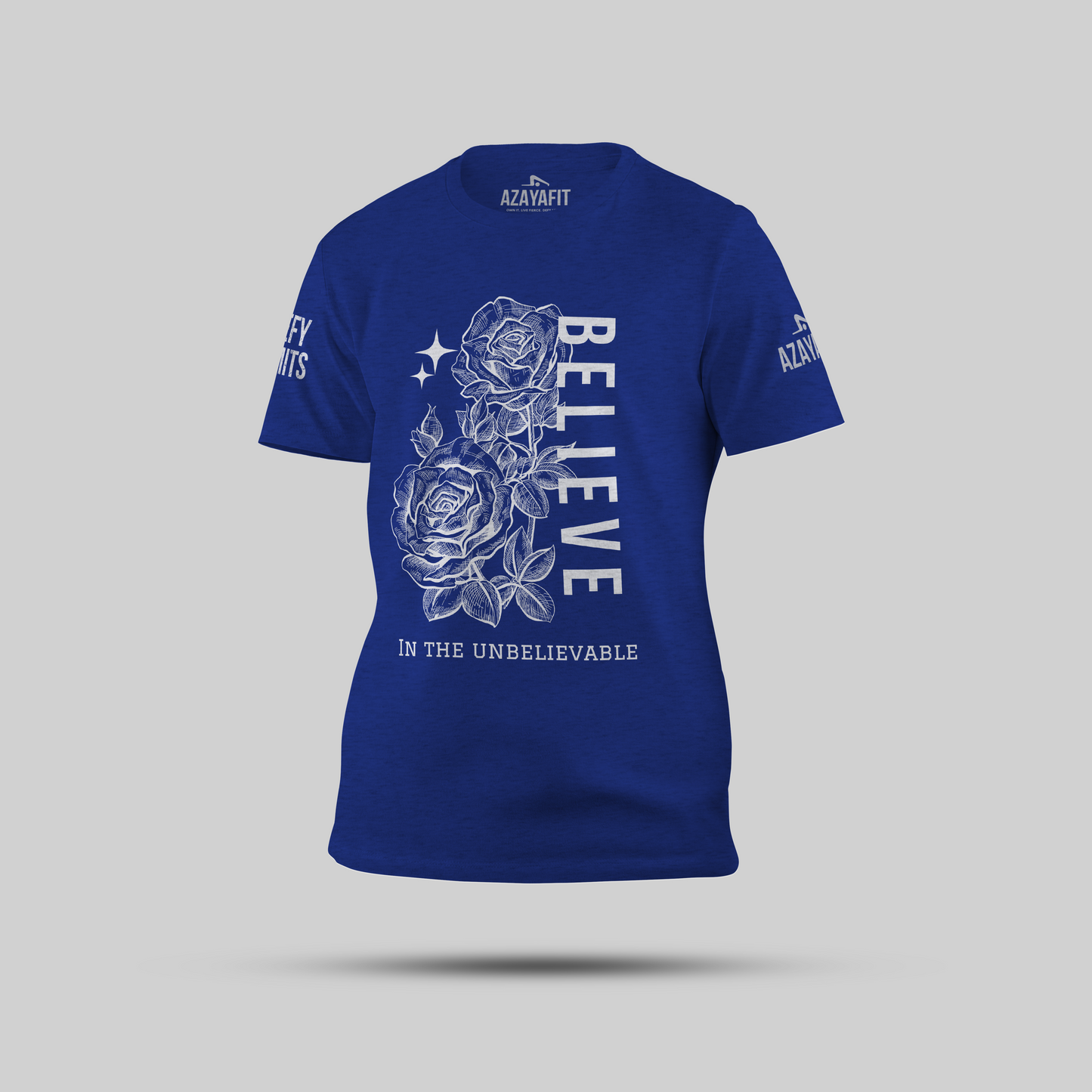 Blue t-shirt with white rose design and text on a gray background