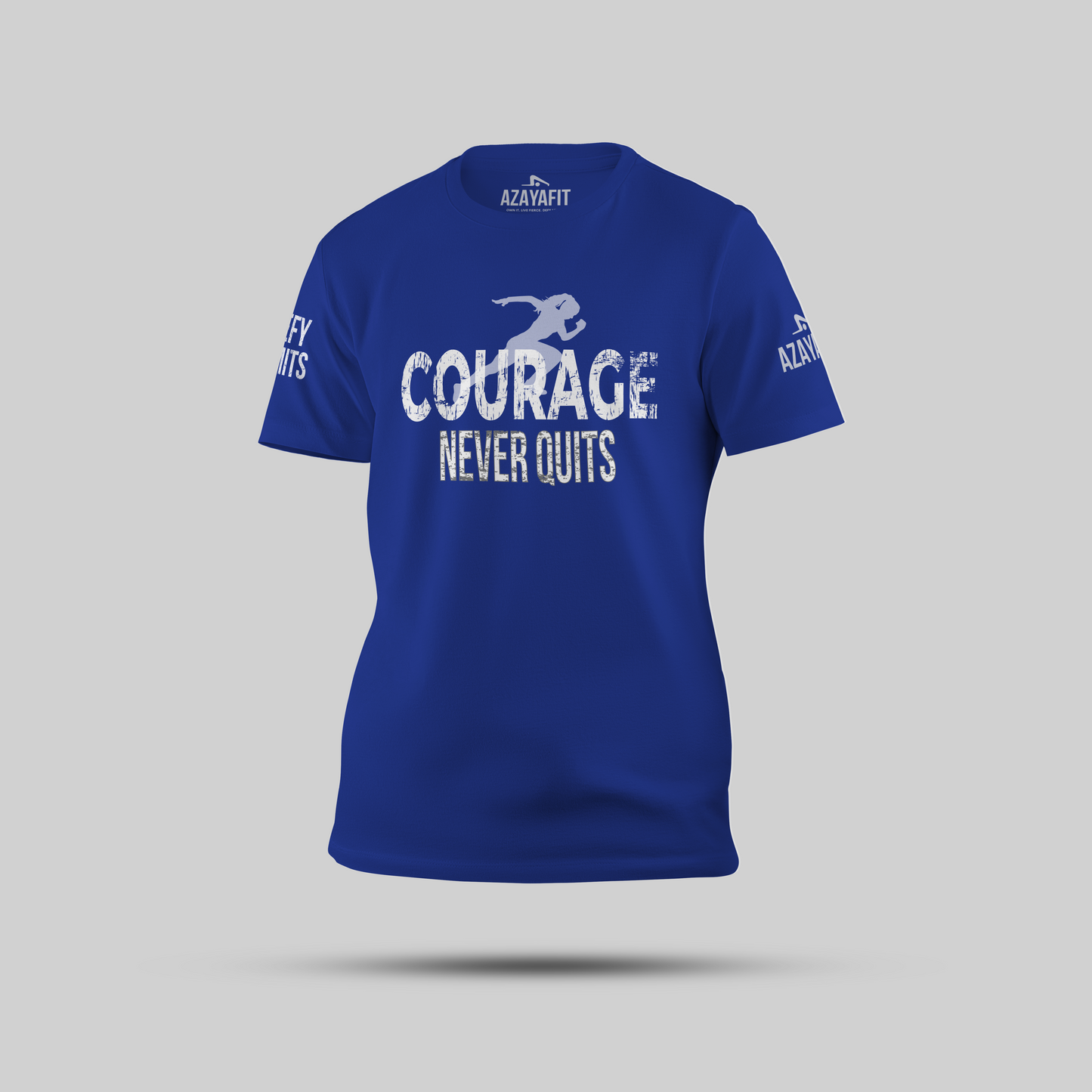 Blue t-shirt with 'Courage Never Quits' text on a gray background