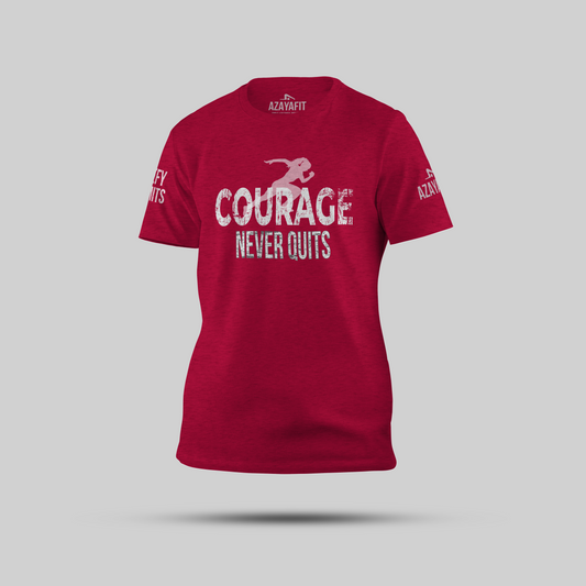 Red t-shirt with 'Courage Never Quits' text on a gray background