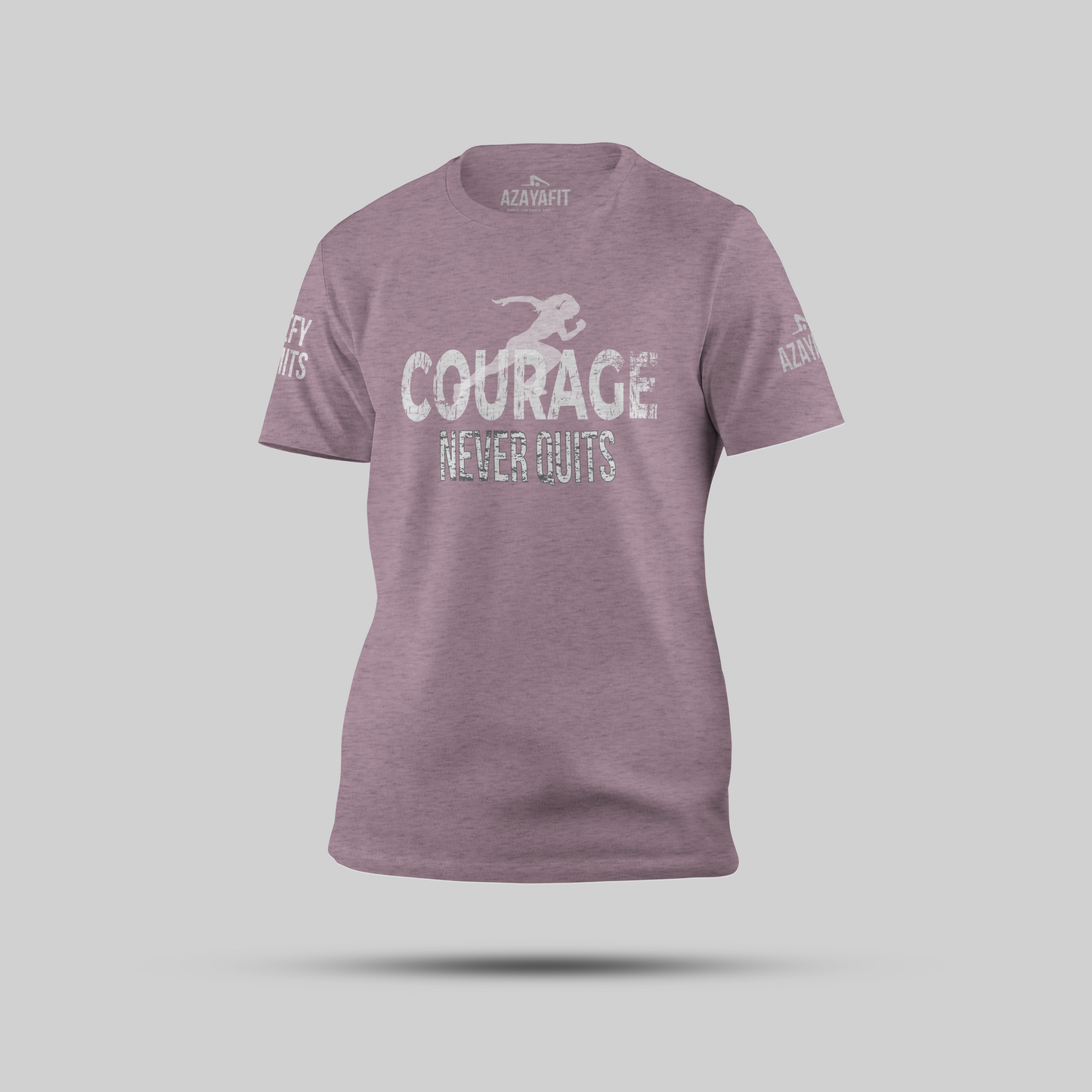 Heather Prism Lilac t-shirt with 'Courage Never Guts' text on a gray background