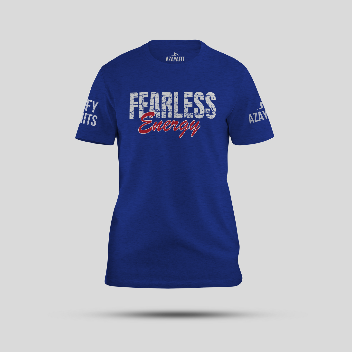 Blue t-shirt with 'Fearless Energy' text on a gray background