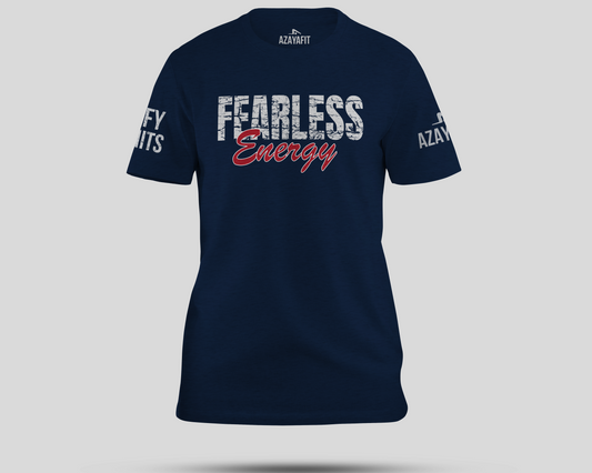 Navy blue t-shirt with 'Fearless Energy' text on a gray background