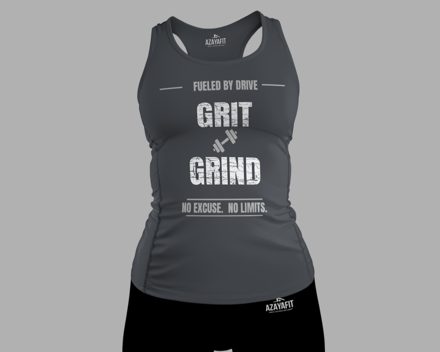Gray tank top with 'Grit Grind' text on a gray background
