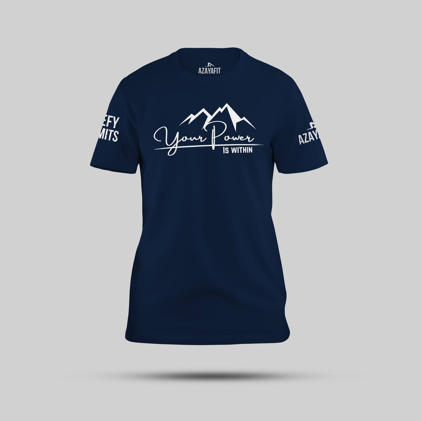 Navy t-shirt with the text your power is within and mountain graphic on a gray background