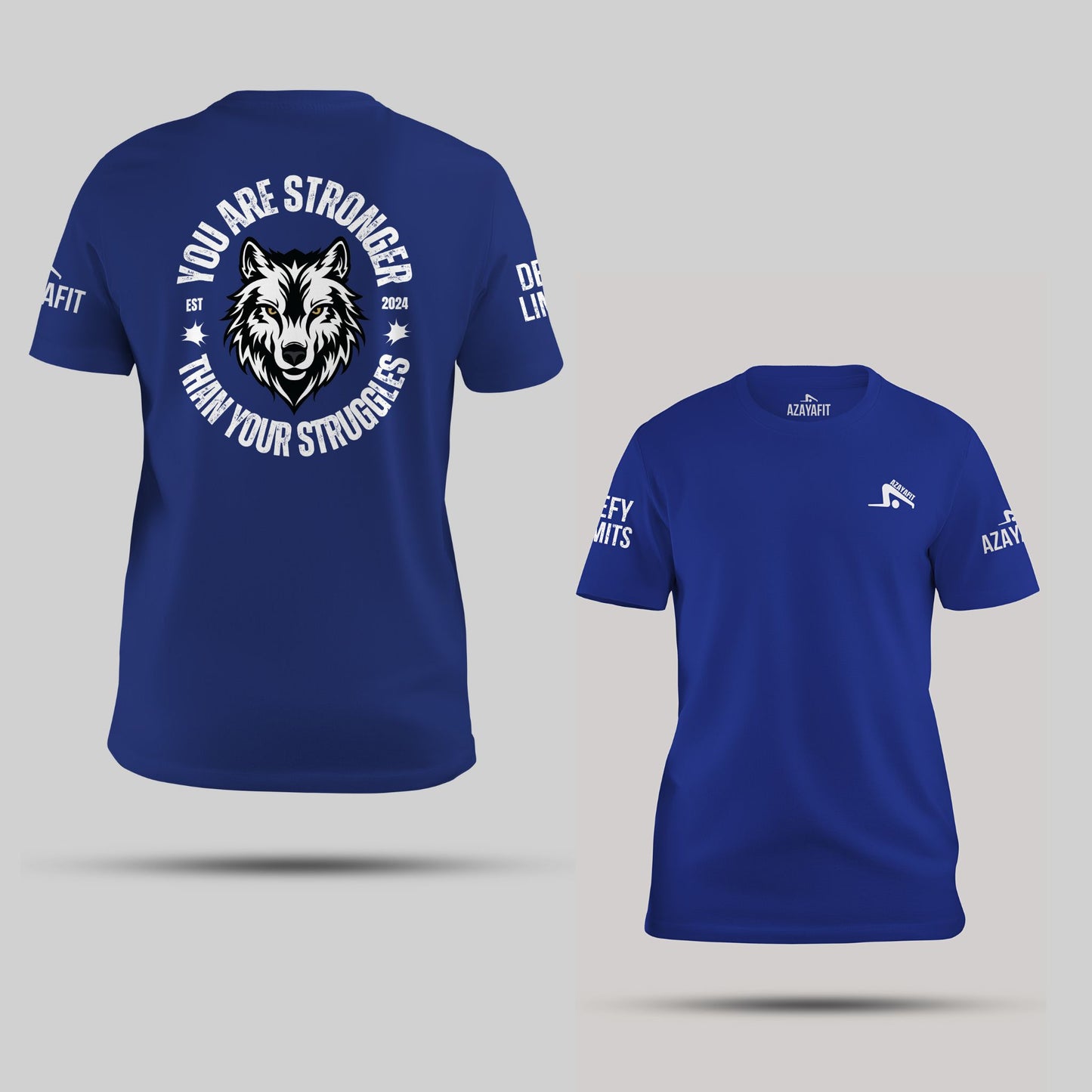 Blue t-shirt with wolf graphic and motivational text on a gray background