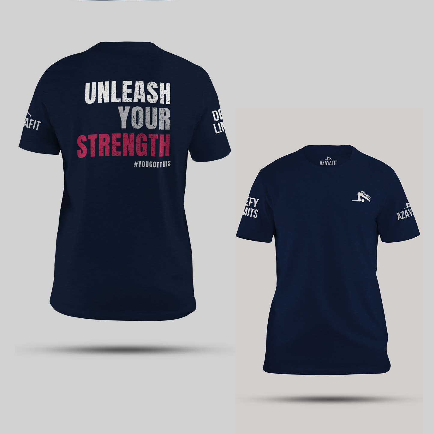 navy t-shirt with unleash your strength text and branding on a light gray background