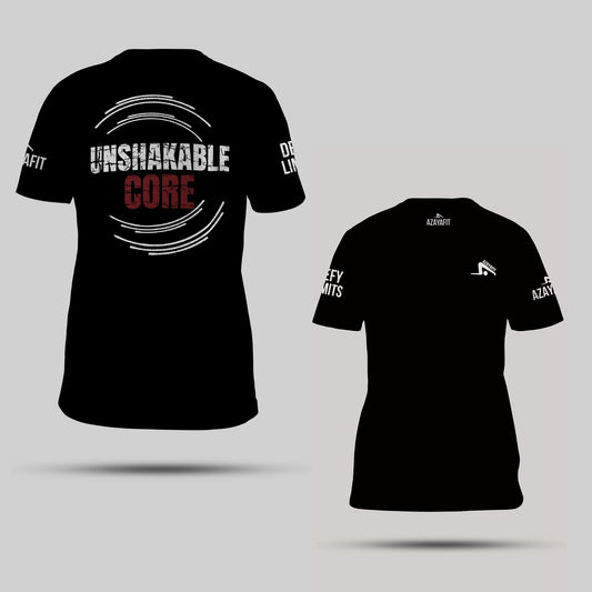 Black t-shirt with 'Unshakable Core' text and branding on a gray background