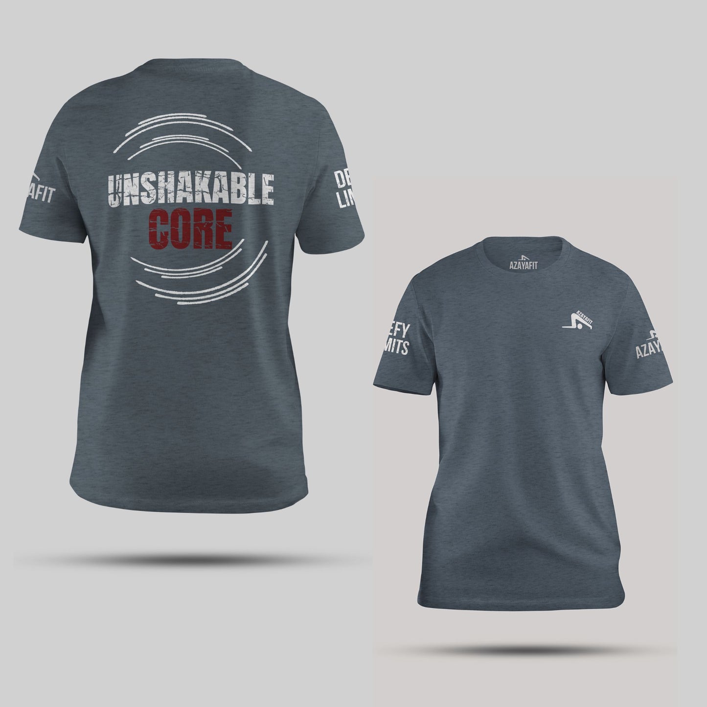 Slate t-shirt with 'Unshakable Core' text on the back and brand logo on the front, on a light gray background.