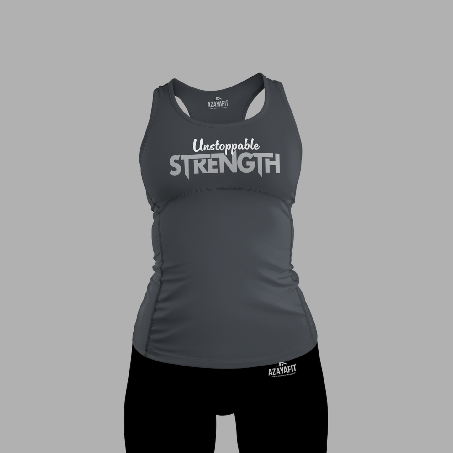 Gray tank top and black shorts with 'Unstoppable Strength' text on a gray background