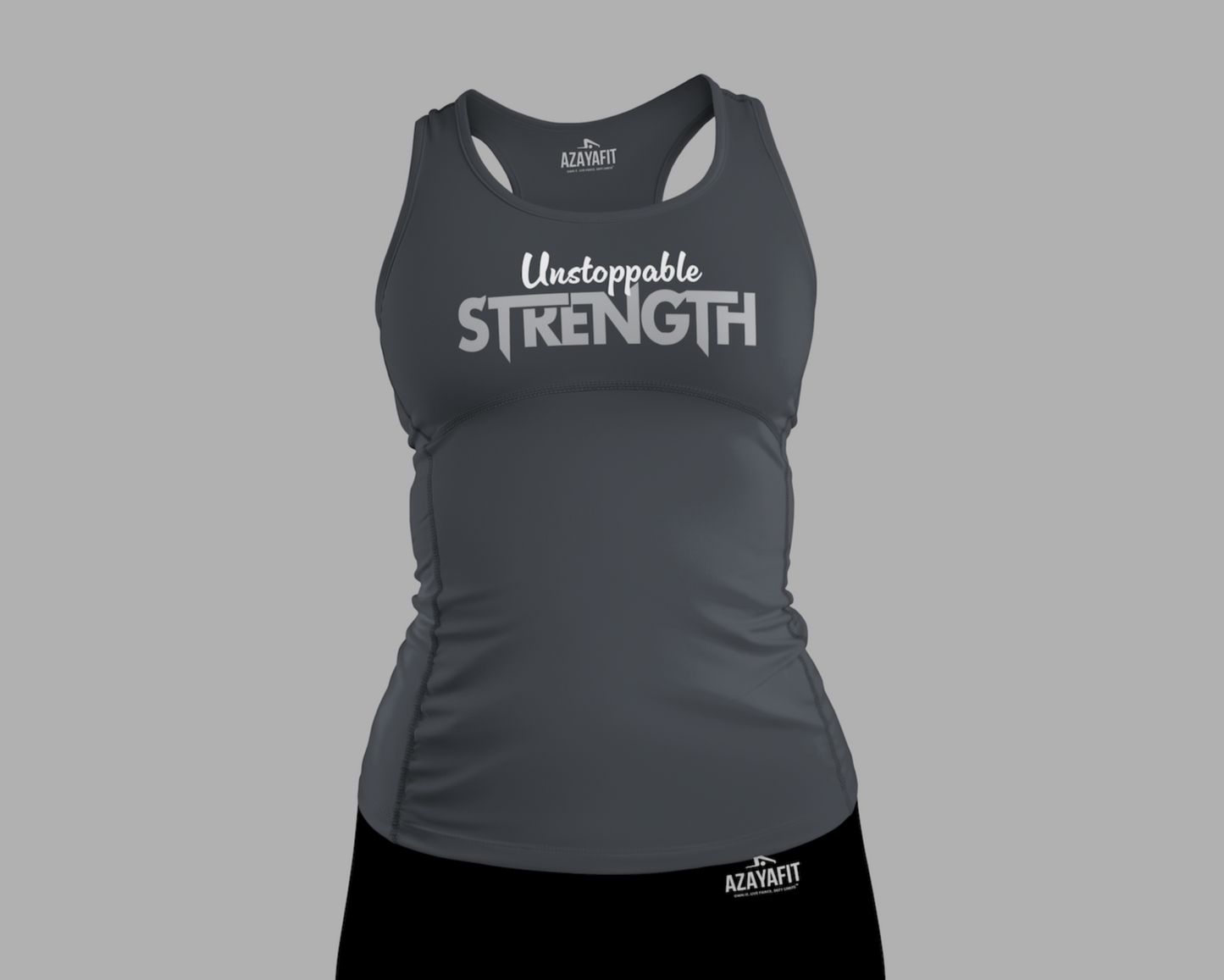 Gray tank top and black shorts with 'Unstoppable Strength' text on a gray background