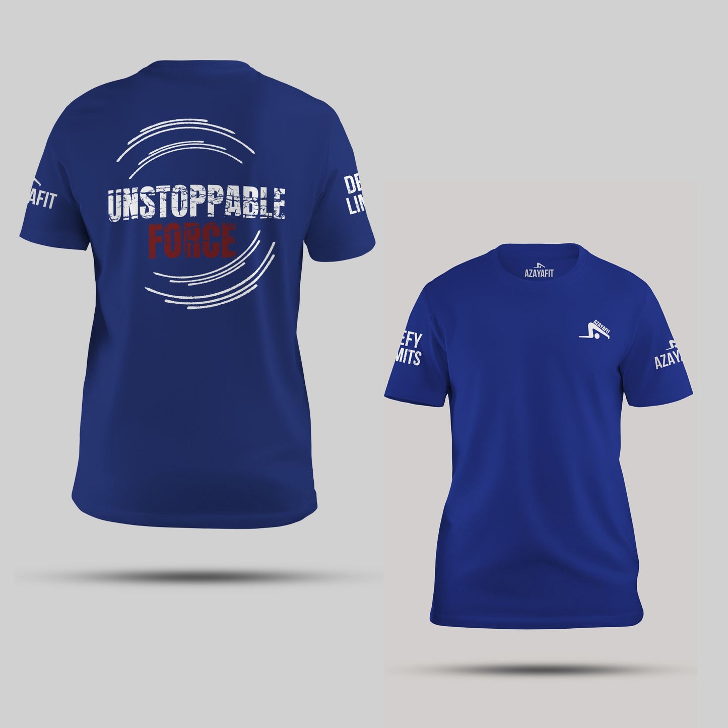 Blue t-shirt with 'Unstoppable Force' text on the back and brand logo on the front, against a gray background.