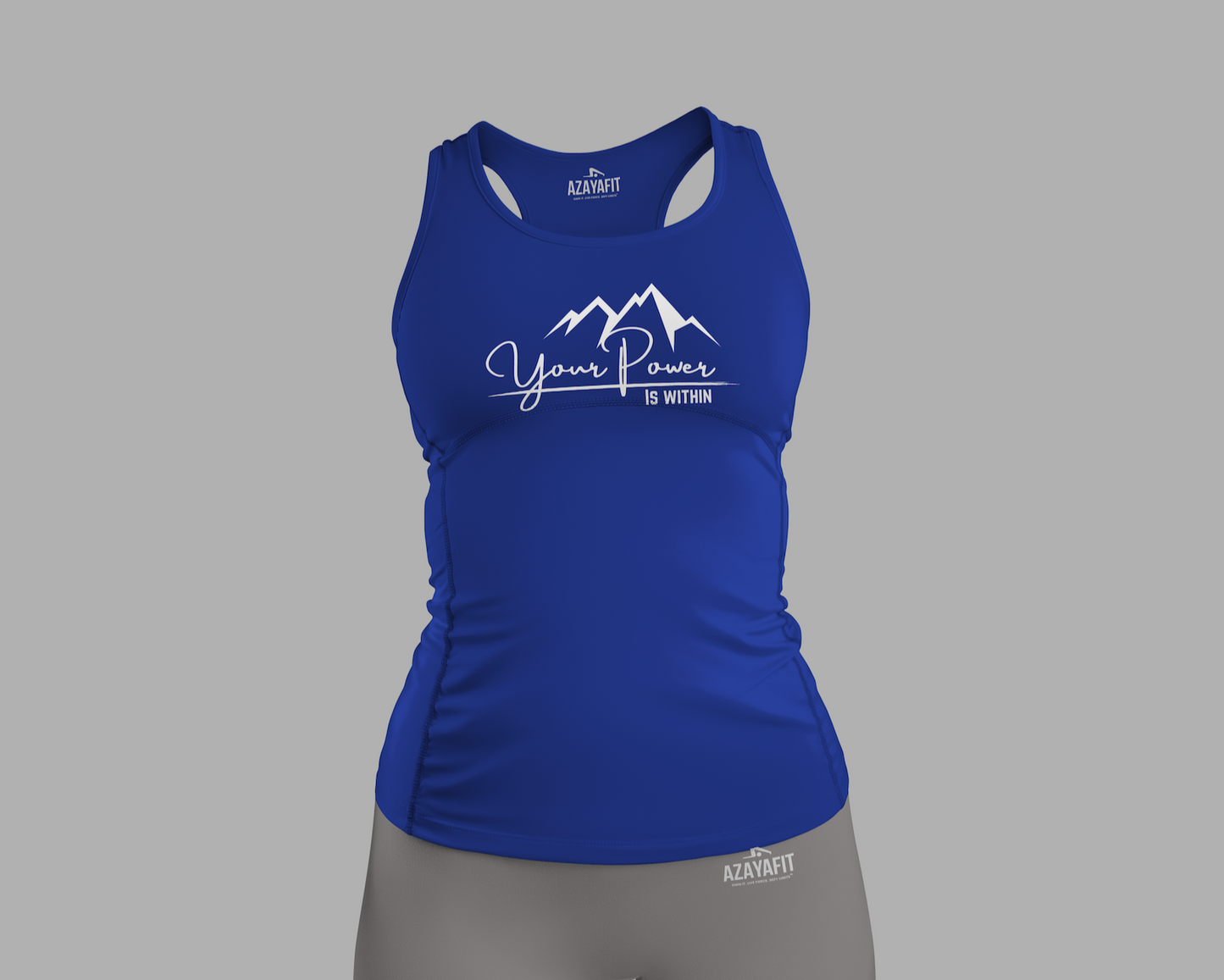Blue tank top and gray shorts set with branding on a gray background