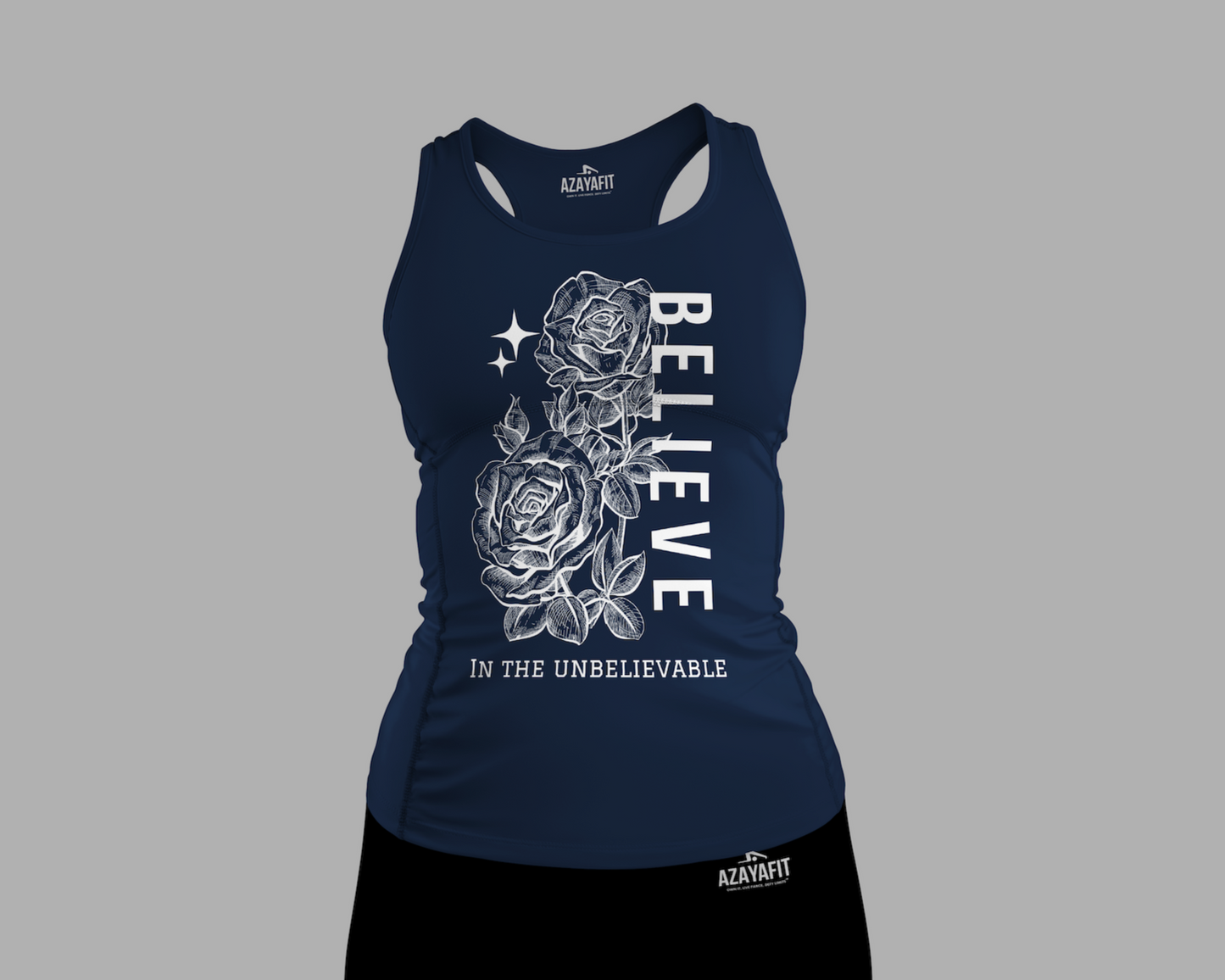 Navy tank top with floral design and text on a gray background