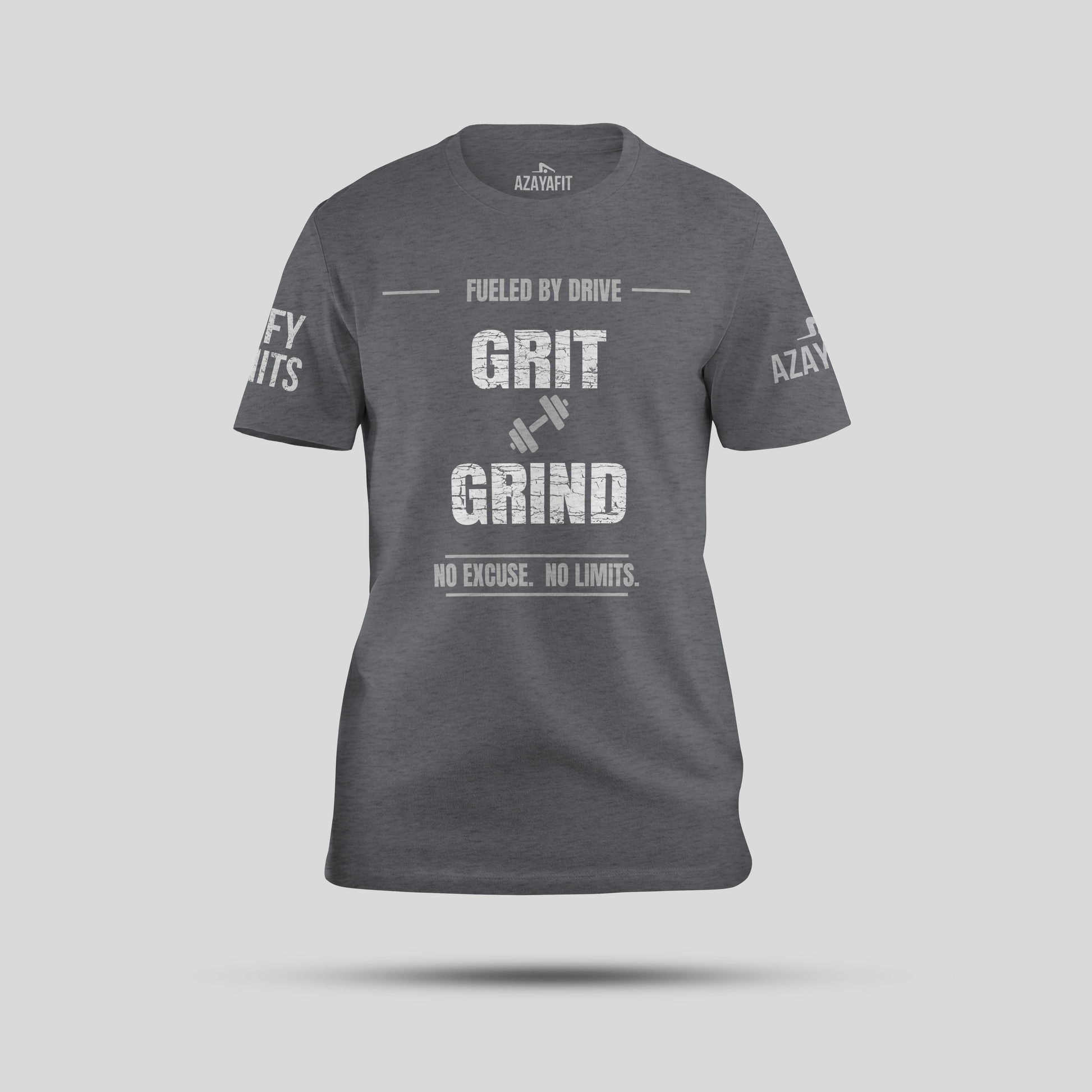 azayafit grit and grind tee heather grey with a grey background