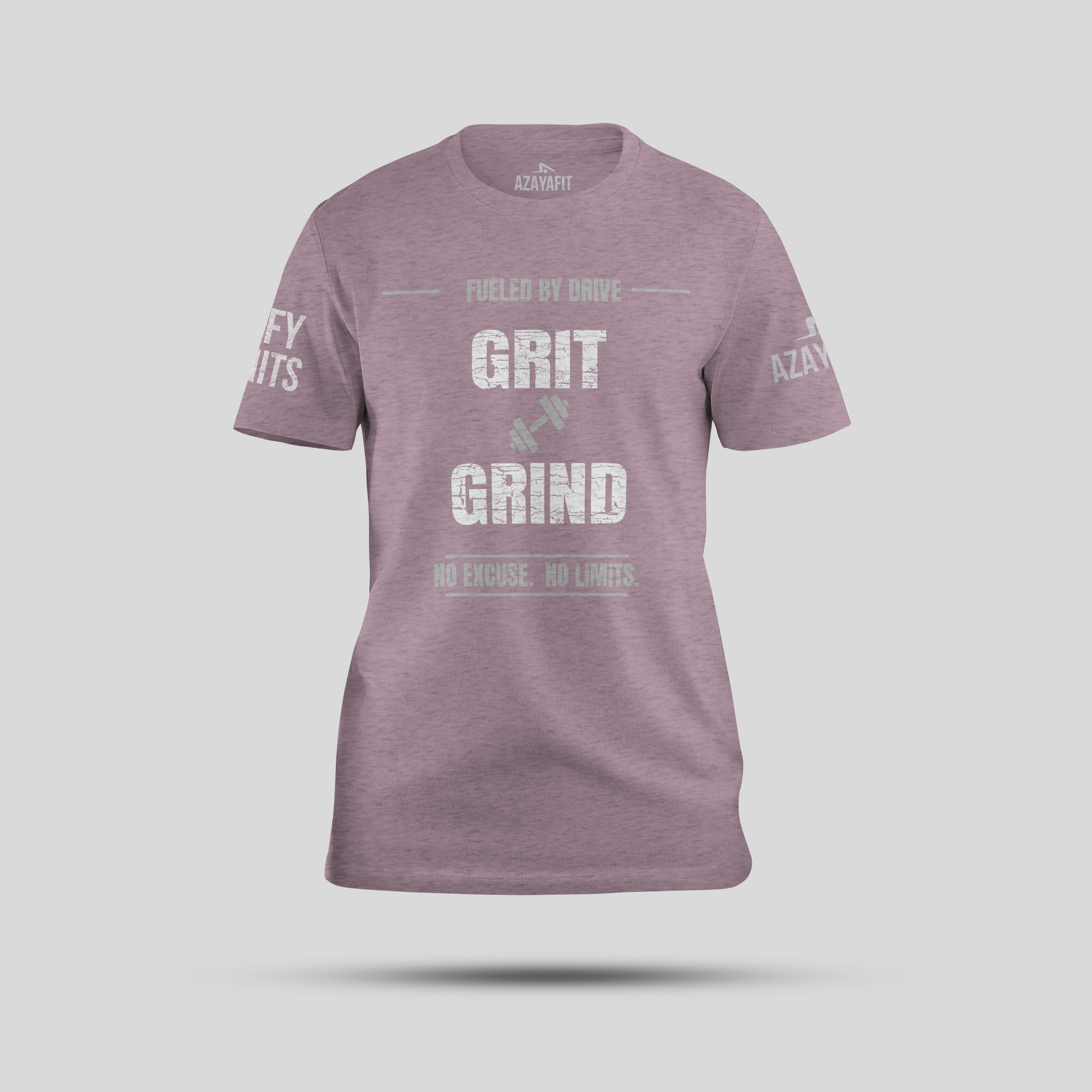 azayafit grit and grind tee heather lilac with a grey background