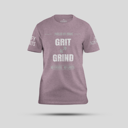 azayafit grit and grind tee heather lilac with a grey background
