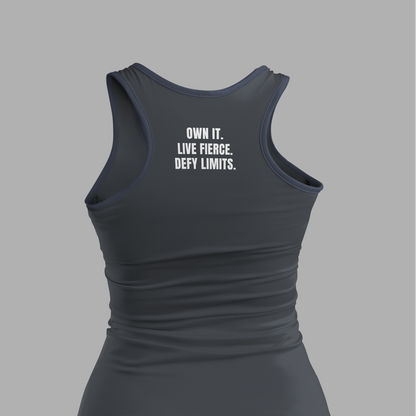 Gray tank top and black shorts with motivational text on a gray background