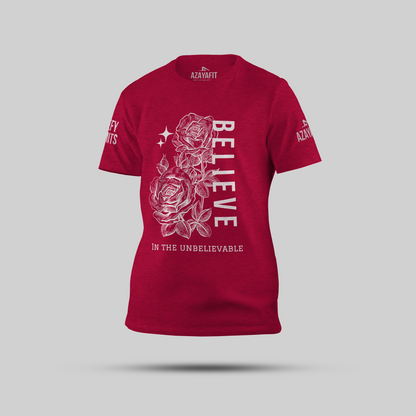 Red t-shirt with white graphic design and text on a gray background