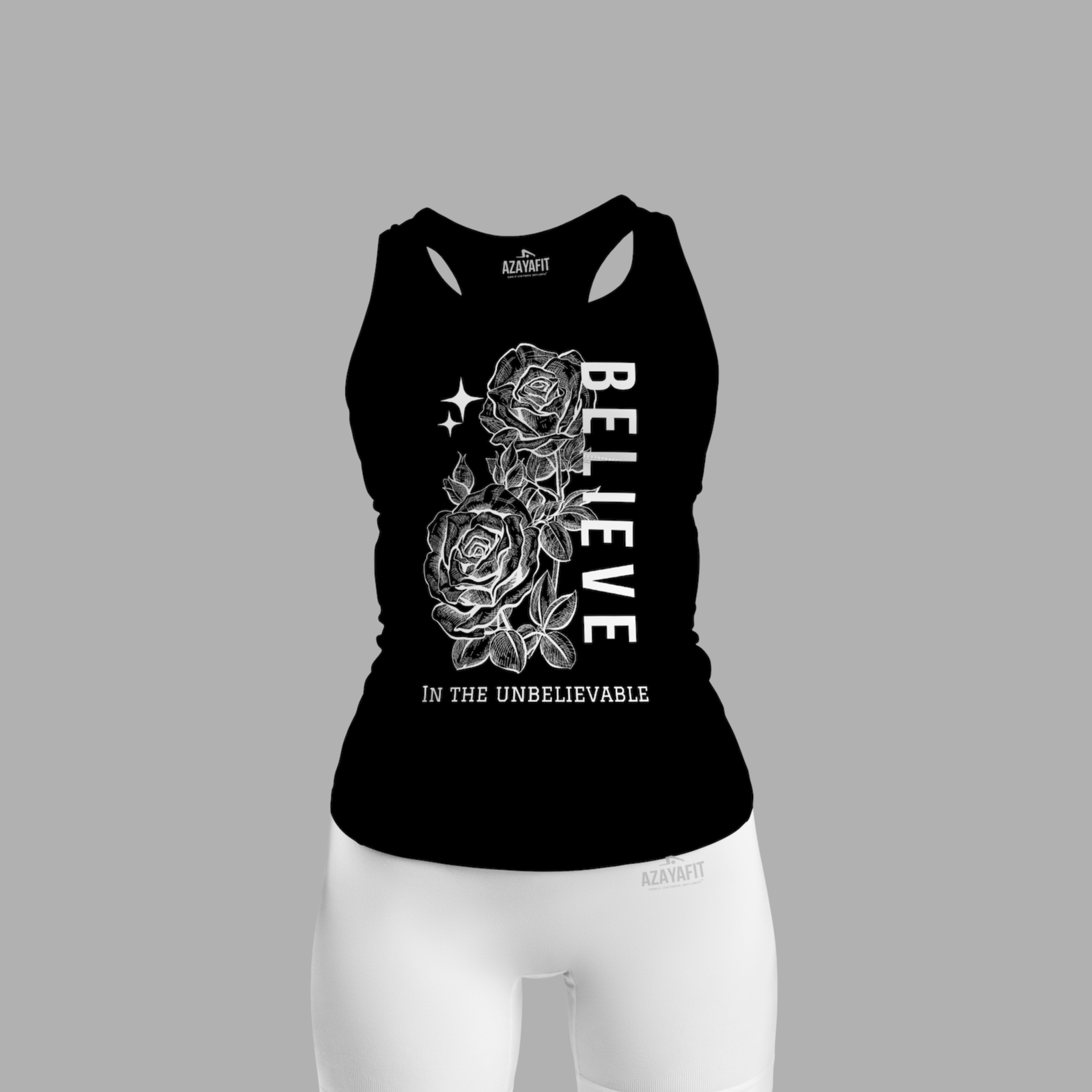 Black tank top with floral design and text on a gray background