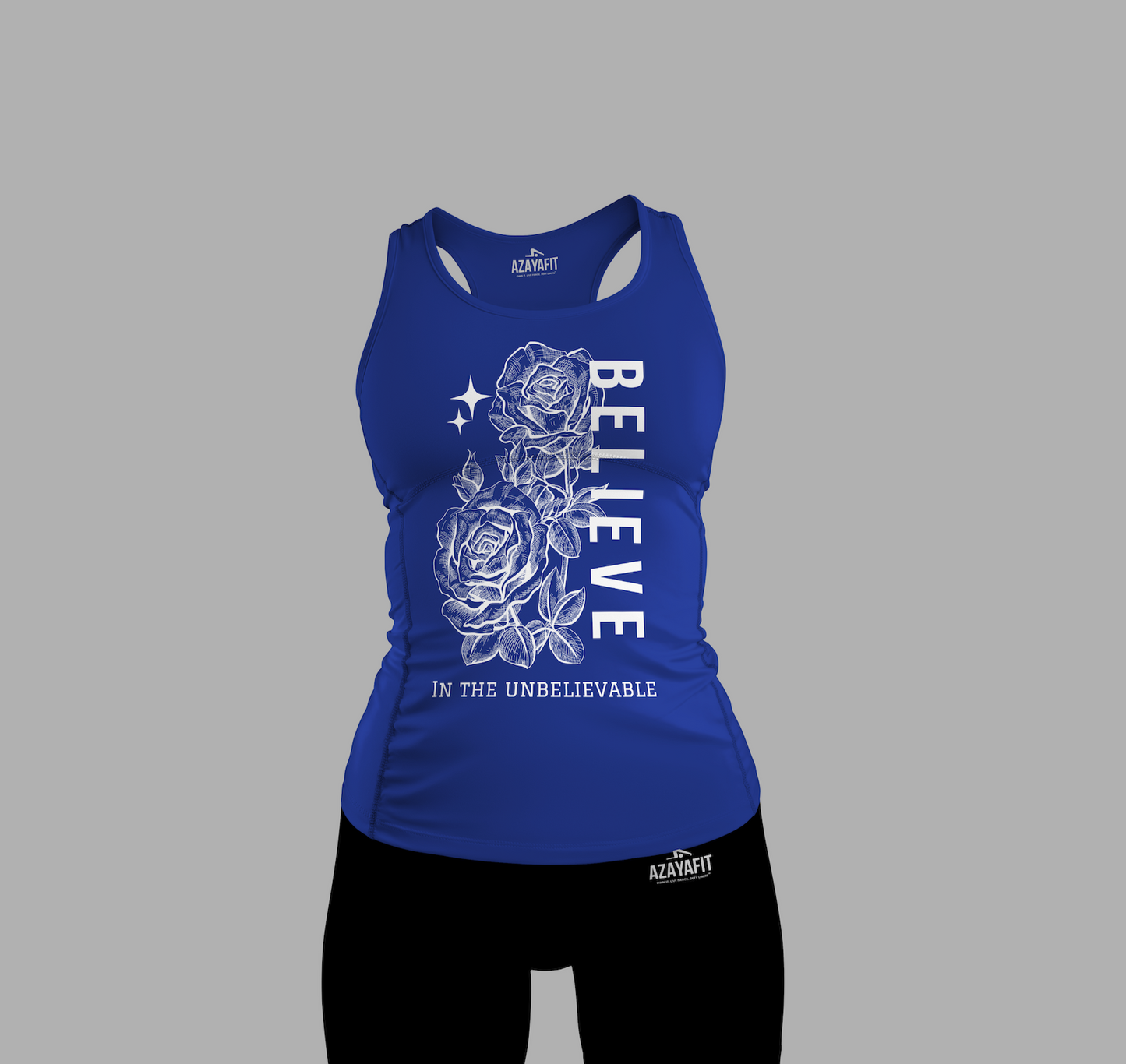 Blue tank top with floral design and text on a gray background