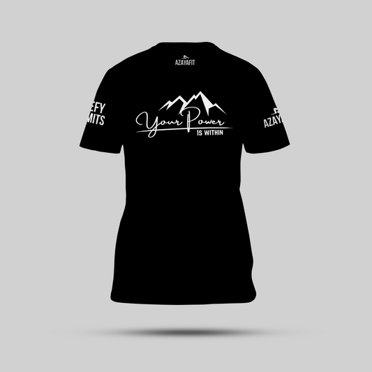 Black t-shirt with the text your power is within and mountain graphic on a gray background