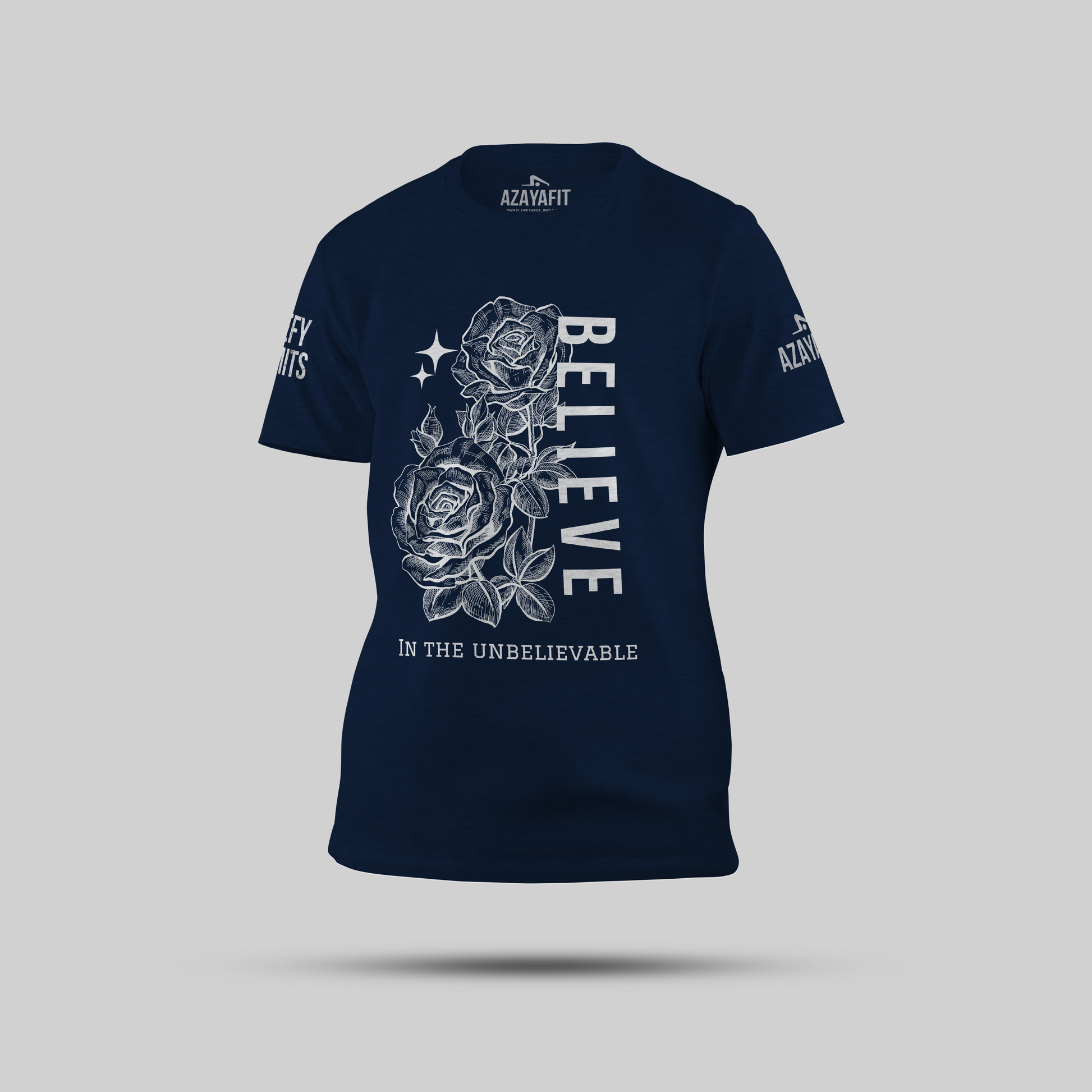Navy blue t-shirt with white graphic design and text on a light gray background