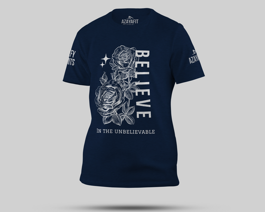 Navy blue t-shirt with white graphic design and text on a light gray background