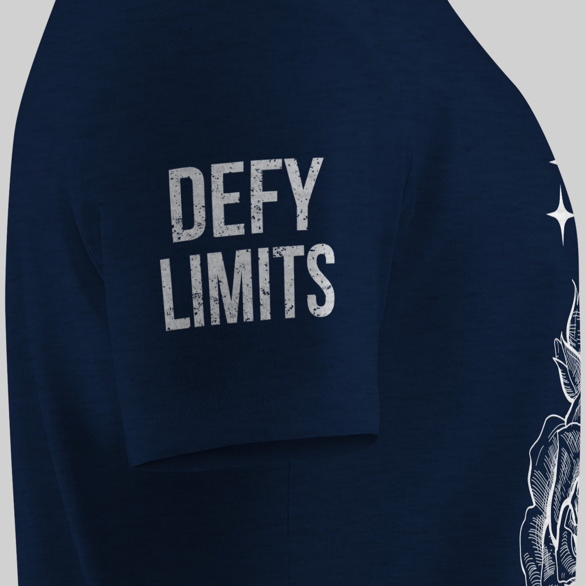 Navy blue t-shirt with 'DEFY LIMITS' text on a gray background
