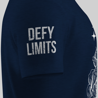 Navy blue t-shirt with 'DEFY LIMITS' text on a gray background