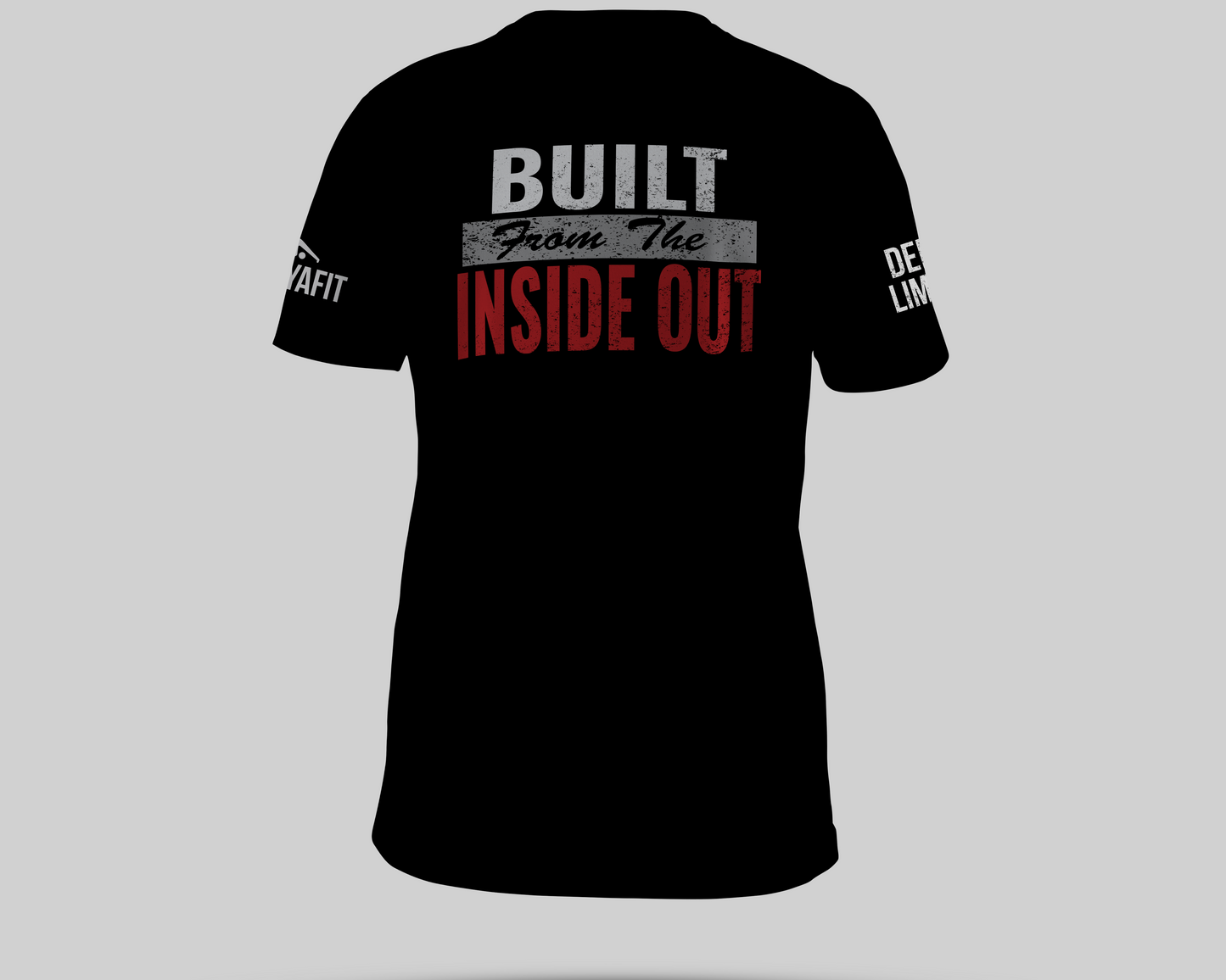 Black t-shirt with text 'Built from the Inside Out' on a gray background