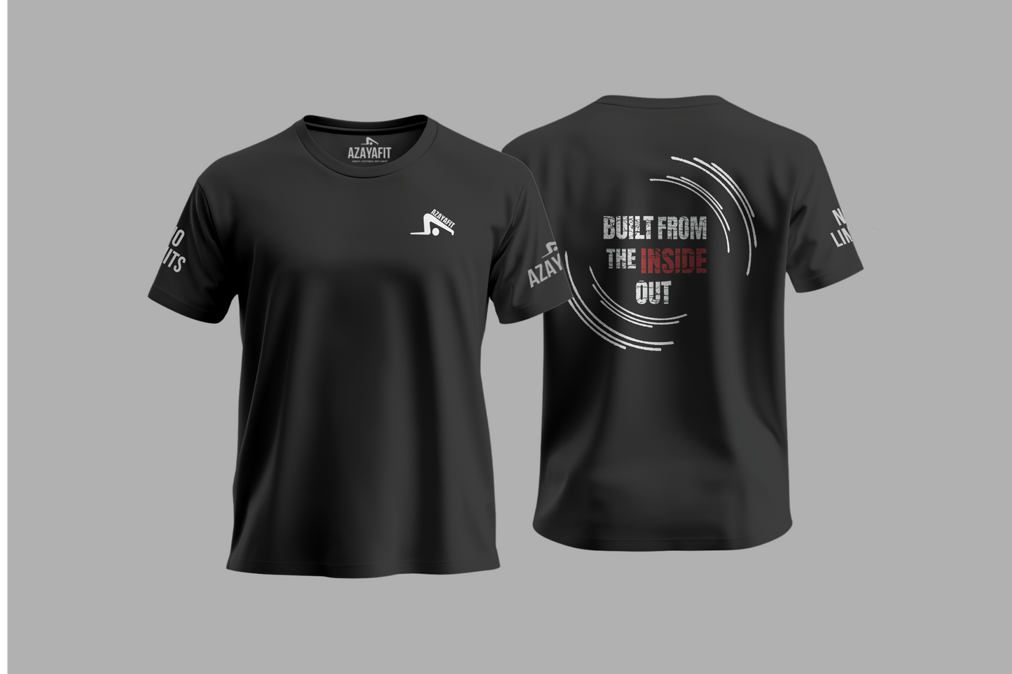 Black t-shirt with branding and text on a gray background