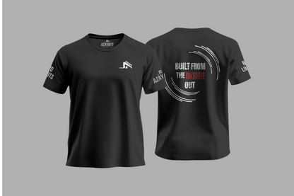 Black t-shirt with branding and text on a gray background