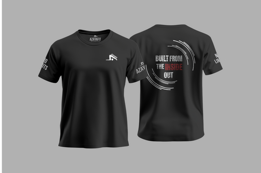 Black t-shirt with branding and text on a gray background