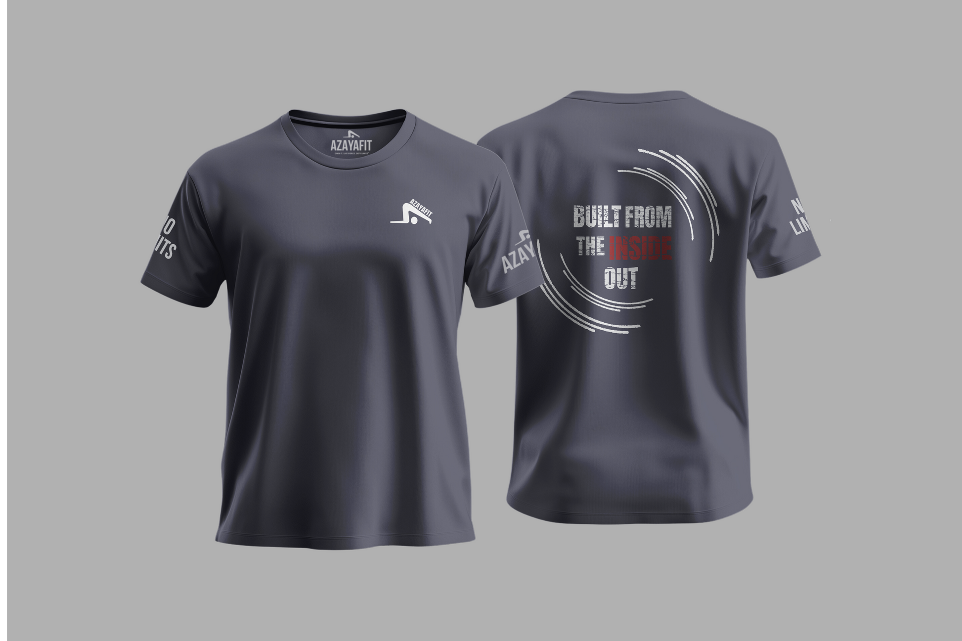 Gray t-shirt with branding and text on a gray background