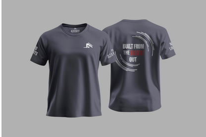 Gray t-shirt with branding and text on a gray background