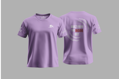 Purple t-shirt with branding and text on a gray background