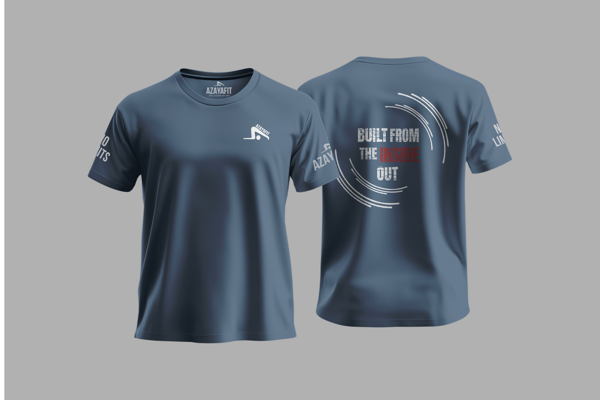 Blue t-shirt with branding and text on a gray background