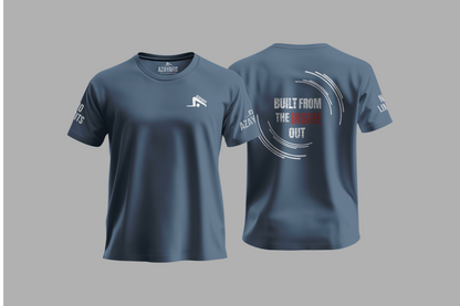 Blue t-shirt with branding and text on a gray background