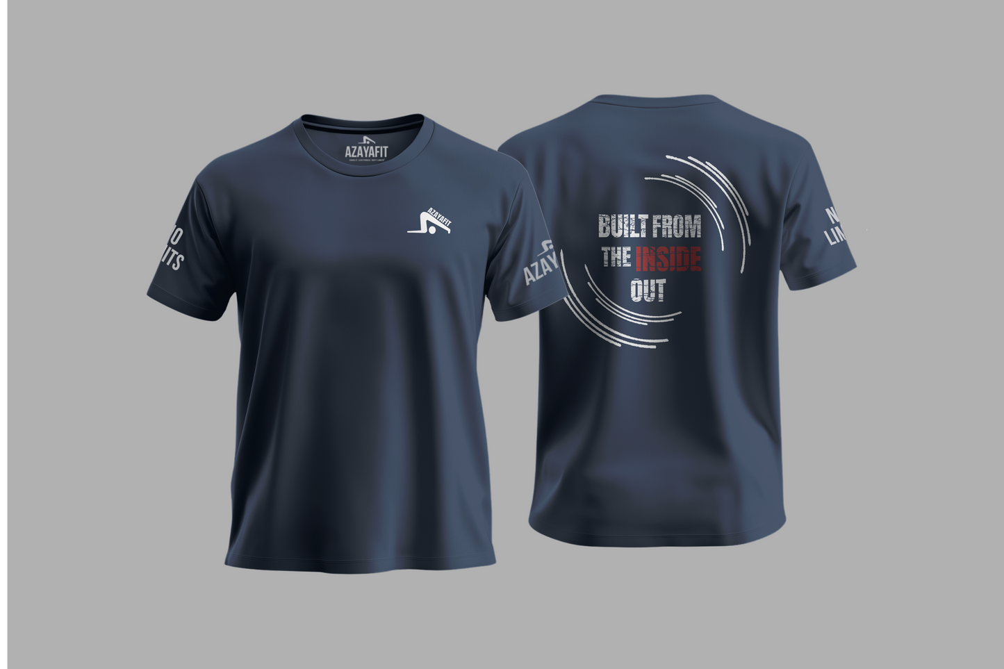 Navy blue t-shirt with branding and text on a gray background
