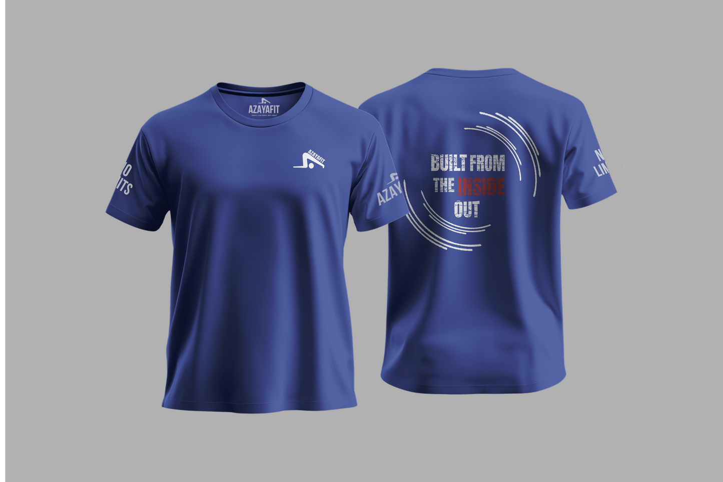 Blue t-shirt with branding and text on a gray background