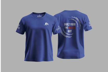 Blue t-shirt with branding and text on a gray background
