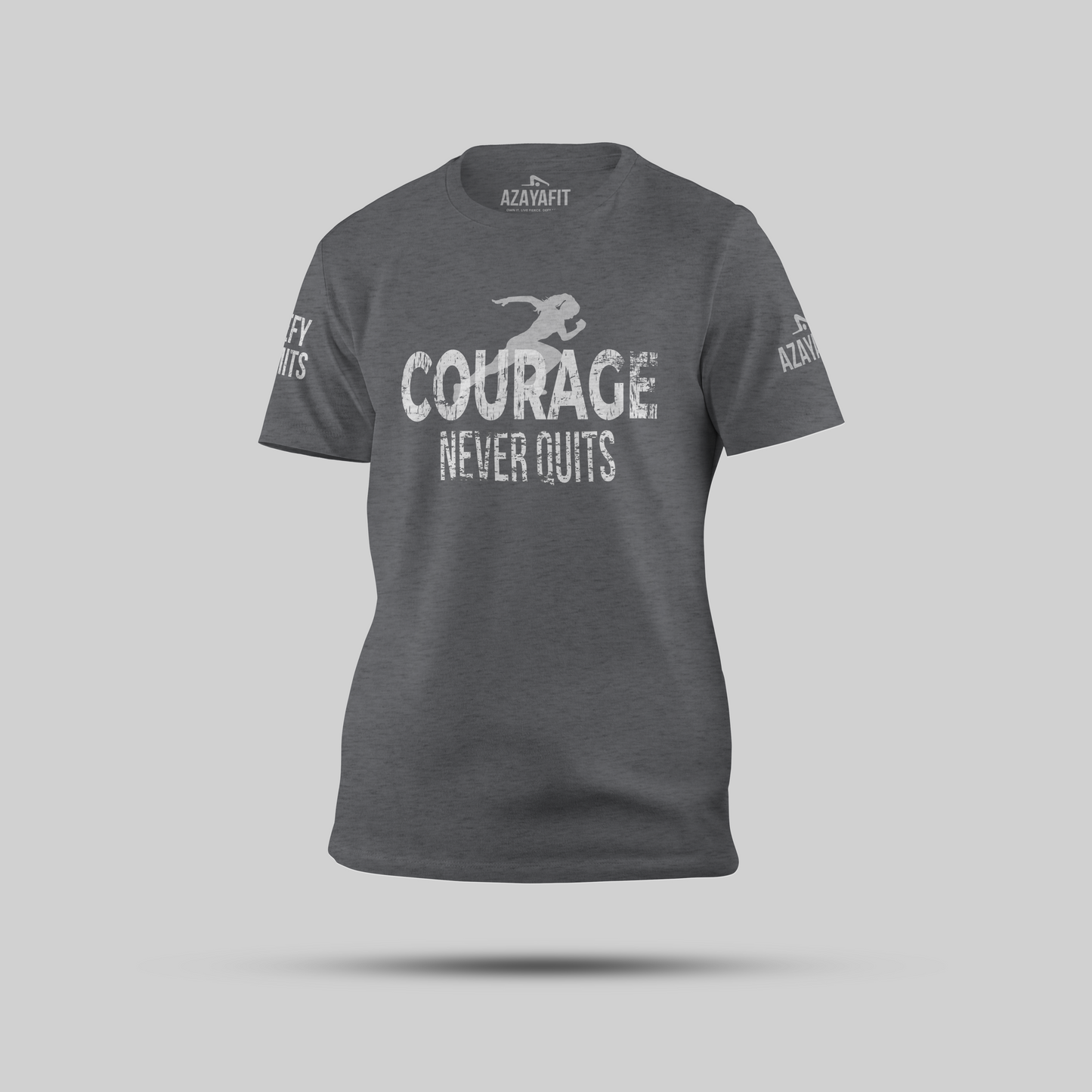 Gray t-shirt with 'Courage Never Quits' text and brand logo on a gray background