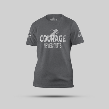 Gray t-shirt with 'Courage Never Quits' text and brand logo on a gray background