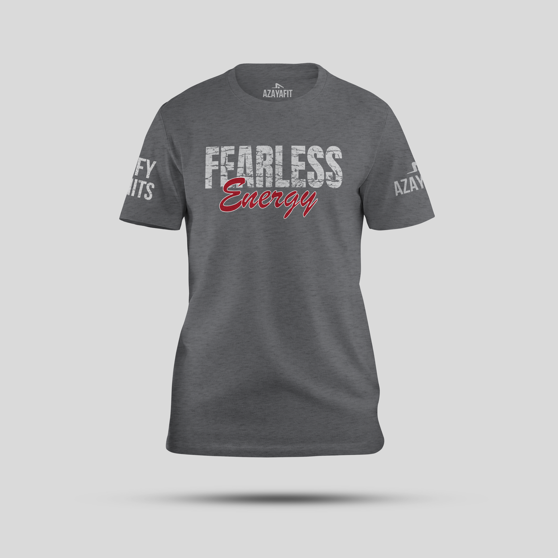 Gray t-shirt with 'Fearless Energy' text on a light gray background
