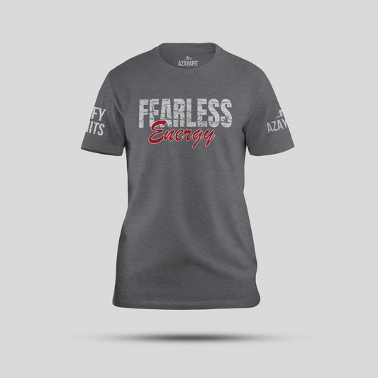 Gray t-shirt with 'Fearless Energy' text on a light gray background