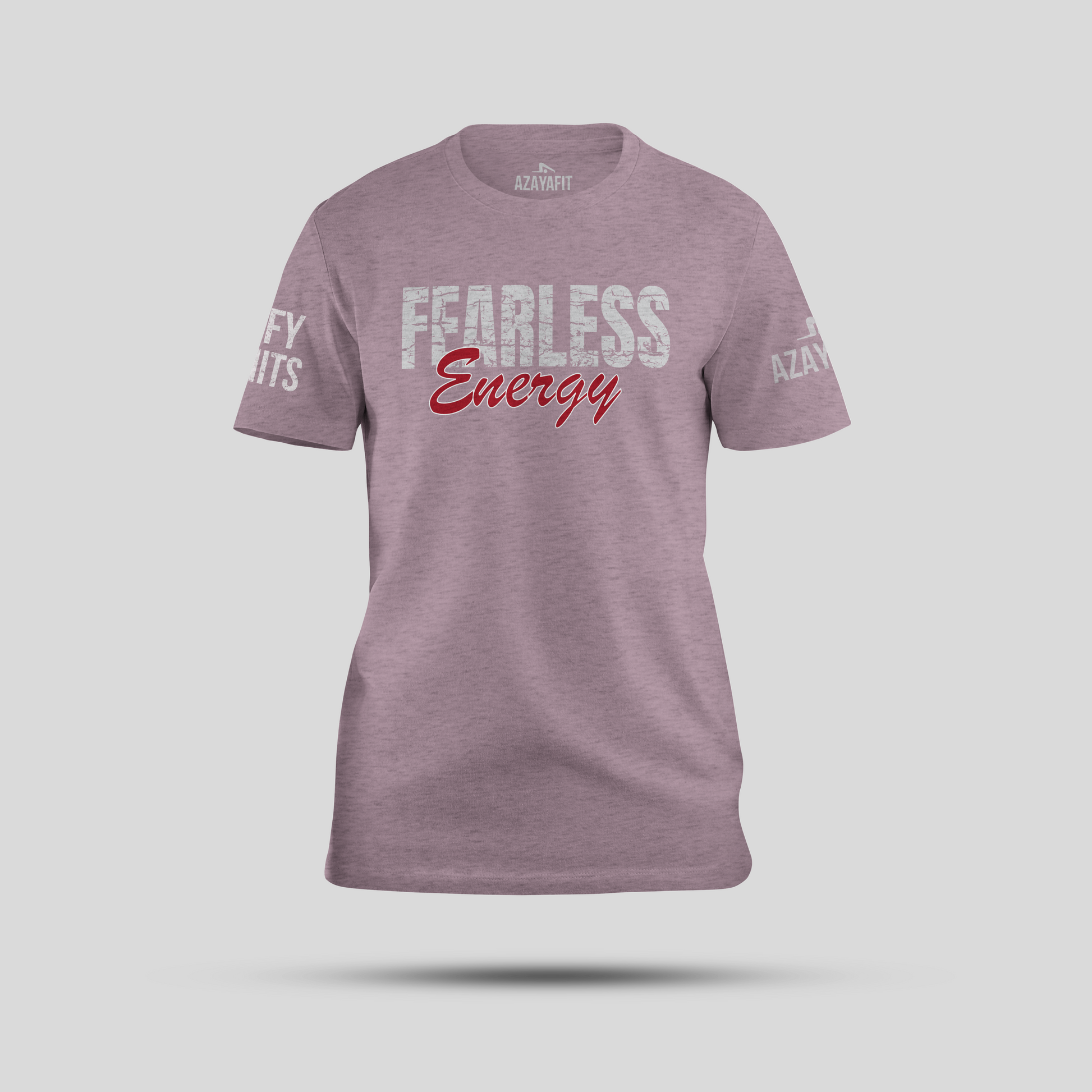Purple t-shirt with 'Fearless Energy' text on a light gray background