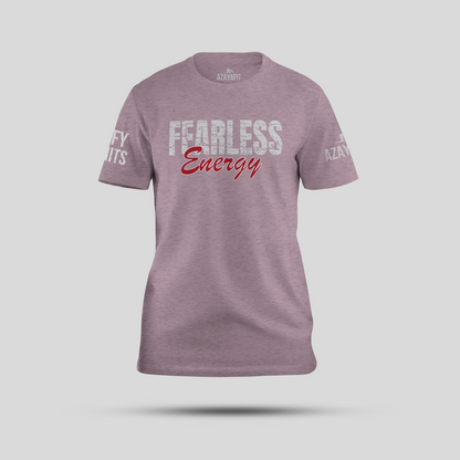 Purple t-shirt with 'Fearless Energy' text on a light gray background
