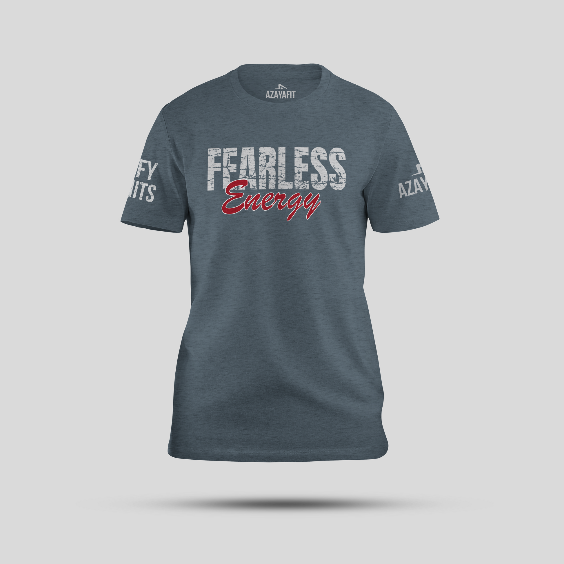 Gray t-shirt with 'Fearless Energy' text on a light gray background
