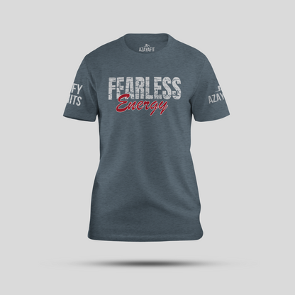 Gray t-shirt with 'Fearless Energy' text on a light gray background